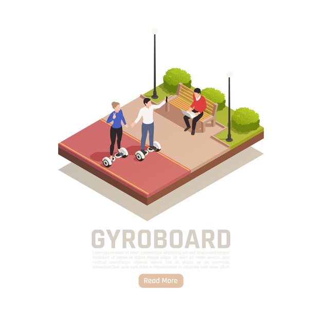 Personal eco green transportation isometric illustration with outdoor park scenery editable text and read more button