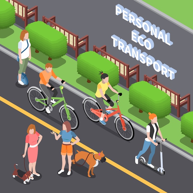 Free vector personal eco transportation illustration with green transport symbols isometric