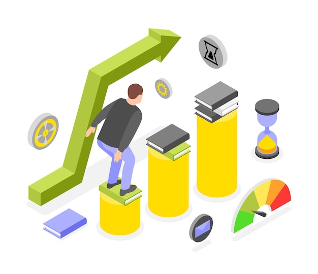 Free vector personal growth and goal achievement isometric composition with man climbing improvised career ladder vector illustration