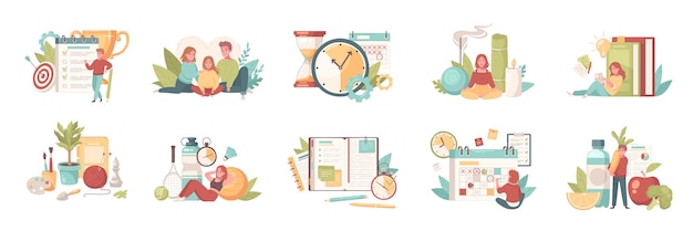 Personal growth self development set of isolated icons with human characters images of notepad planners calendars vector illustration