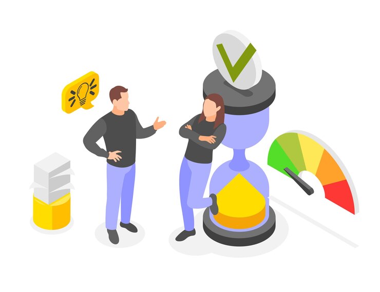 Free Vector personal productivity isometric background with man telling about business plan to woman leaning against large hourglass vector illustration