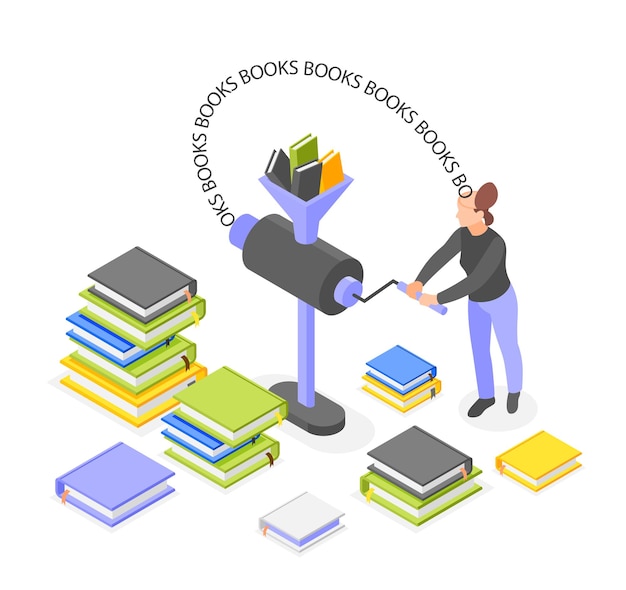 Free vector personal productivity isometric composition with woman character passing through grinder a lot of books vector illustration