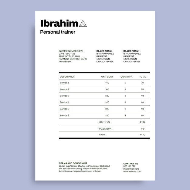 Personal trainer invoice template