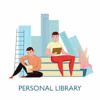 Free vector personal virtual library flat composition with 2 young men sitting on books reading electronic texts vector illustration