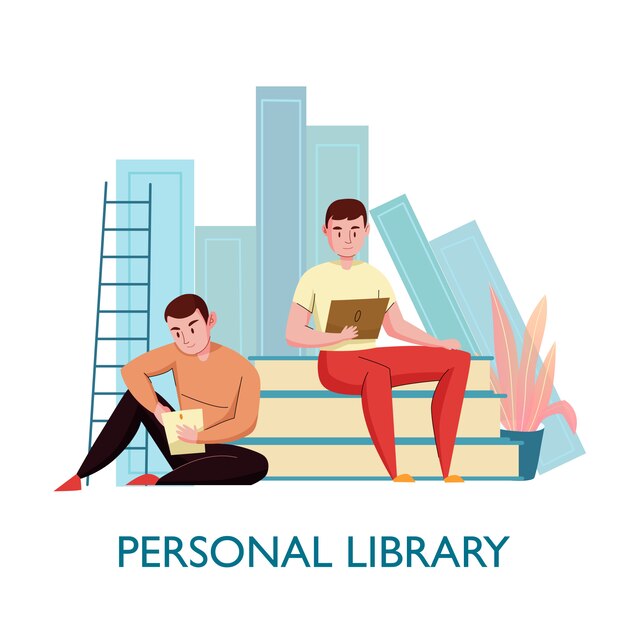 Personal virtual library flat composition with 2 young men sitting on books reading electronic texts vector illustration