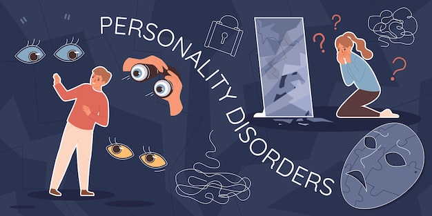 Personality disorders flat collage with paranoid male person and young girl feeling anxiety vector illustration