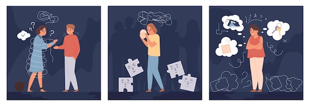 Free vector personality disorders flat square illustrations with people  suffering from phobias and mental disorder isolated vector illustration