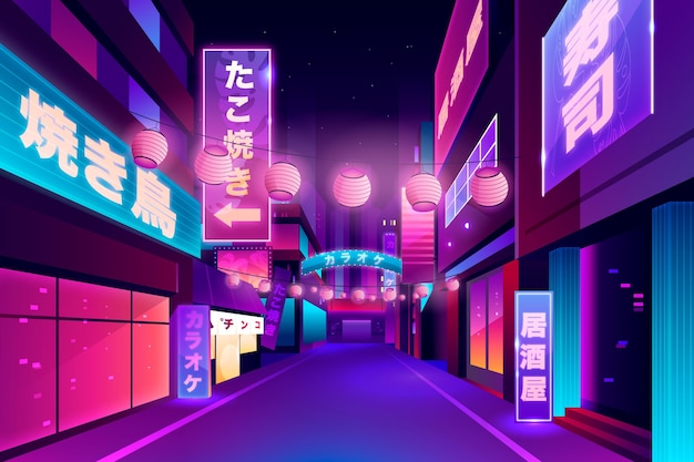 Перспектива японской улицы в неоновых огнях