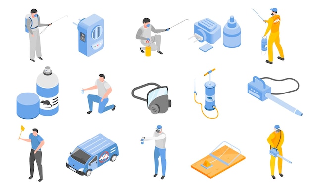 Pest control icons set with insect repellents symbols isometric isolated vector illustration