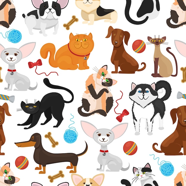ペットの背景。犬と猫のシームレスなパターン。ペットの子猫と子犬、おもちゃのイラストと血統ペット