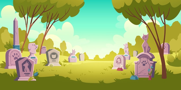 Free vector pet cemetery landscape, tombstone with footprint