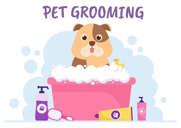 Pet grooming for dogs and cats in flat cartoon hand drawn background illustration. the main tools which are used in beauty salon for poster or banner