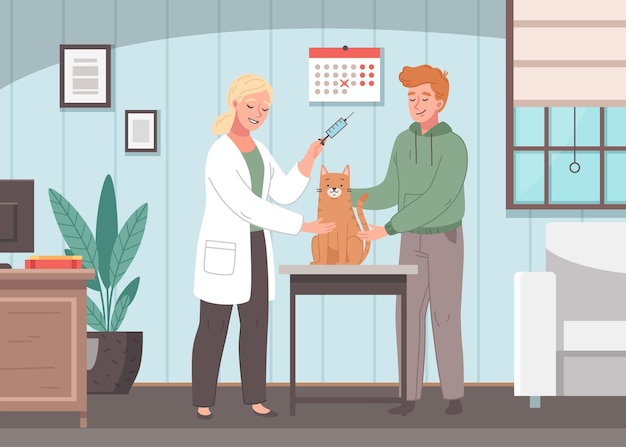 Free vector pet medical care cartoon background with vet vaccinating cat in office of veterinary clinic flat vector illustration