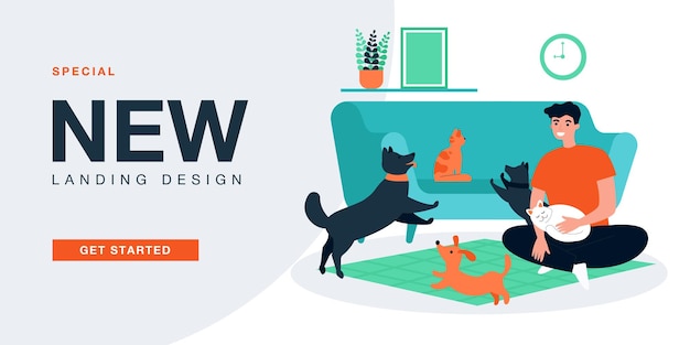 Free vector pet owner playing with cats and dogs in home apartment. man with many happy domestic animals flat vector illustration. friendship, love for pet concept for banner, website design or landing web page