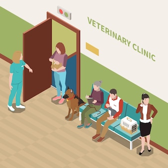 Pet owners with cats and dogs in veterinary clinic waiting room isometric interior view illustration