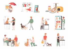 Free vector pet services cartoon set of people care of health of their pets training walking and feeding isolated vector illustration