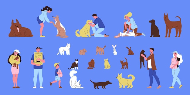 Free vector pet shelter color set of animals volunteers and people with their new friends on blue background flat isolated vector illustration