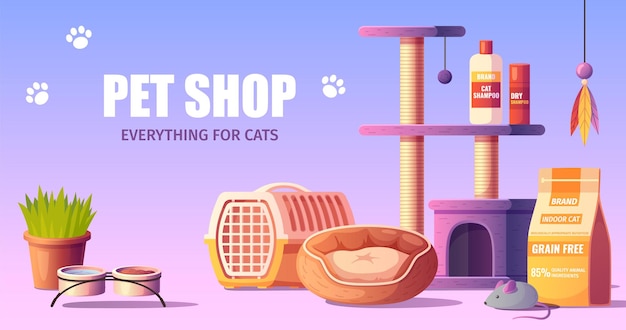 Vettore gratuito manifesto orizzontale del fumetto del negozio di animali con lo shampoo dell'alimento dei giocattoli e altri accessori per l'illustrazione di vettore dei gatti