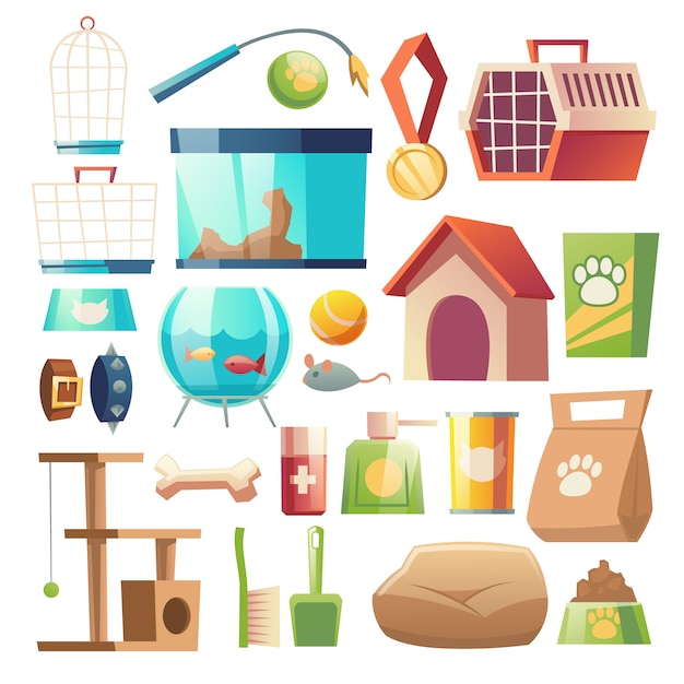 Бесплатное векторное изображение Зоомагазин набор продуктов питания и аксессуаров
