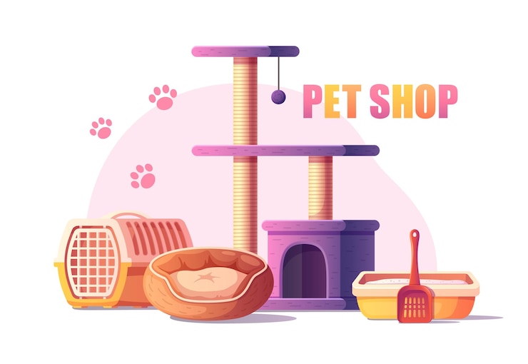 무료 Vector 고양이 나무 침대 쓰레기 트레이 캐리어 만화 벡터 일러스트와 함께 애완 동물 가게 상품