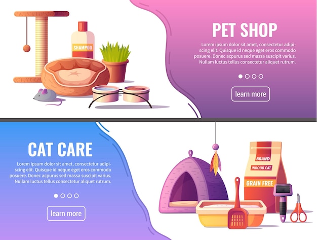 無料ベクター ペット ショップの水平ウェブサイト バナーは、猫の分離漫画のベクトル図を維持するためのアクセサリーを設定