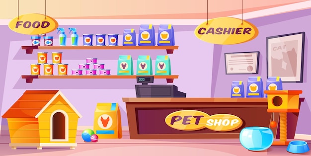 Free vector pet shop interior domestic animal store with counter desk accessories food cat and dog houses toys tin cans on shelves inner view of petshop supermarket with nobody cartoon  illustration