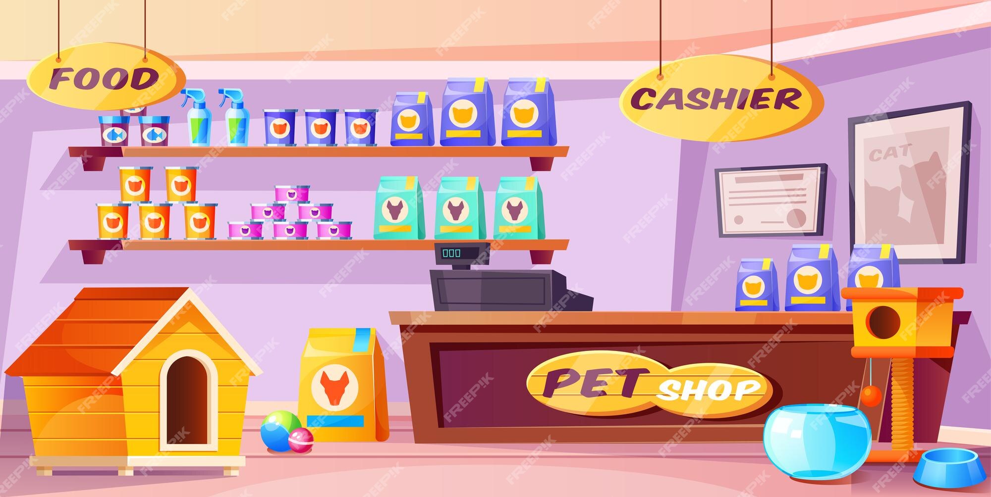 Free Vector | Pet shop interior domestic animal store with counter desk accessories food cat and dog houses toys tin cans on shelves inner view of petshop supermarket with nobody cartoon illustration Free Vector | Pet shop interior domestic animal store with counter desk accessories food cat and dog houses toys tin cans on shelves inner view of petshop supermarket with nobody cartoon illustration