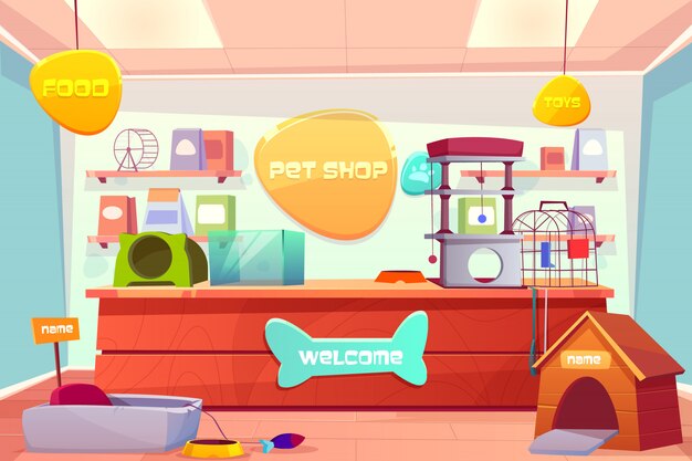 ペットショップのインテリア、カウンターのある家畜店、アクセサリー、食品、猫と犬の家