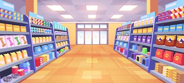 Free vector pet shop interior with dog toy cat store aisle