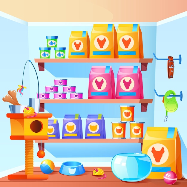 Pet shop interior with scratching post for cats toys bowl feed in bag and cans  cartoon illustration of store with accessories for domestic animals aquarium for fish collar for dogs balls