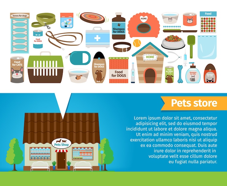 Free Vector pet shop. pets accessories and vet store. tongs and plate, shampoo and syringe, leash and food