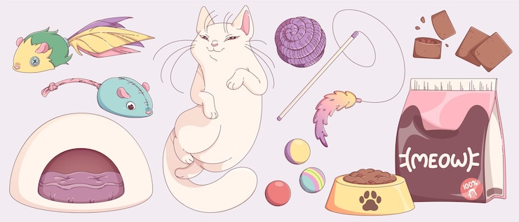 Free Vector pet shop with cat food toy and house goods icon