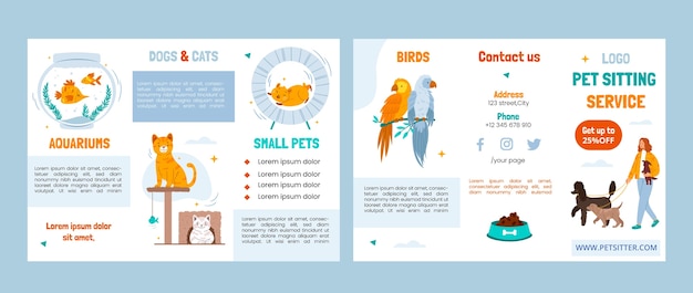 Vettore gratuito modello di brochure dal design piatto per il servizio di pet sitter