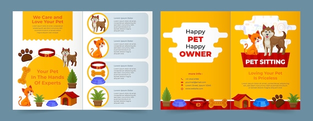 Vettore gratuito modello di brochure dal design piatto per il servizio di pet sitter