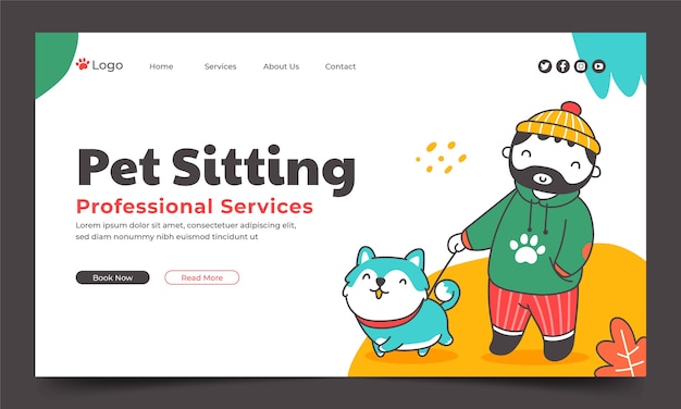 Vettore gratuito modello di pagina di destinazione disegnata a mano per il servizio di pet sitting