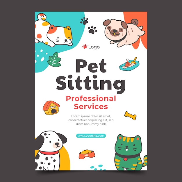 Modello di poster verticale disegnato a mano con servizio di pet sitting