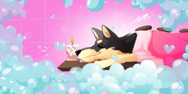 Free vector pet spa salon with cute dog lying with towel and stones vector cartoon illustration of grooming service for domestic animals happy dog relax in bathroom with soap foam and candle