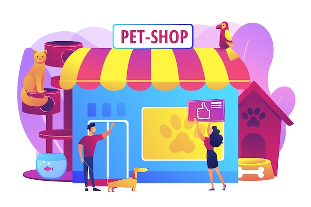 Pet store, dog care. Animal products. People shopping for their pets. Animals shop, best animals supplies, pet goods e-shop concept. Bright vibrant violet  isolated illustration