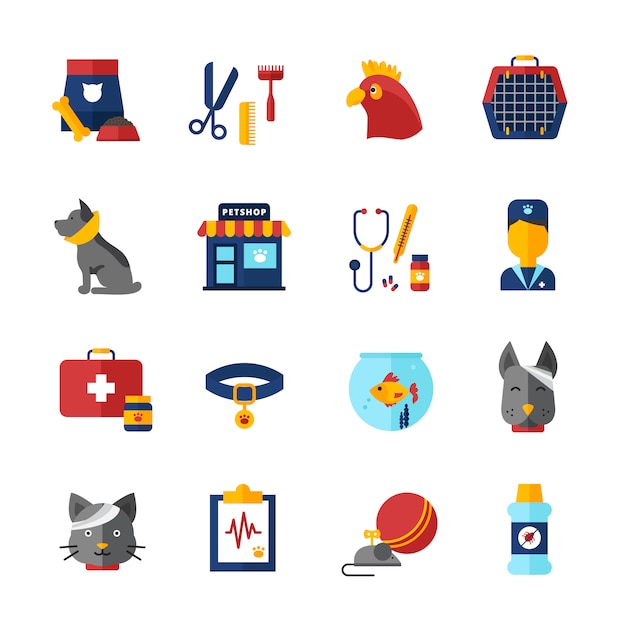 Free Vector pet vet decorative icons set with home animals pet shop medical bag collar and animal feed isolated vector illustration    