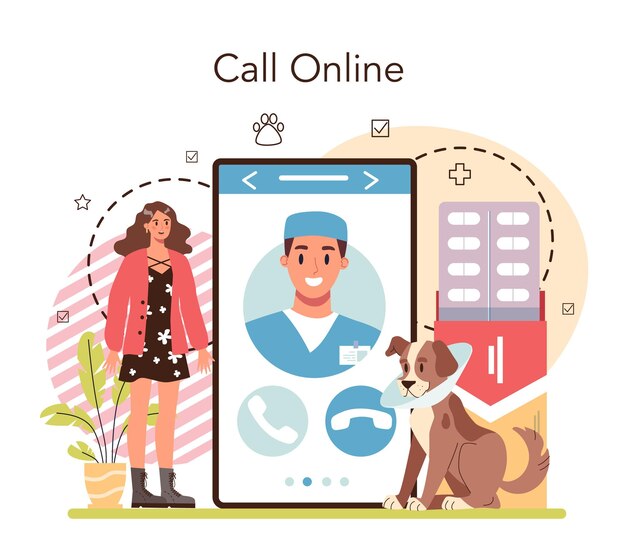 애완 동물 수의사 온라인 서비스 또는 플랫폼 동물 치료 및 예방 접종을 확인하는 수의사 온라인 전화 벡터 평면 그림