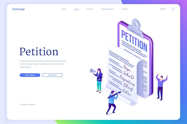 Petition banner. concept of document with claim or appeal, agitation for sign request. vector landing page with isometric illustration of people and petition with signature on clipboard