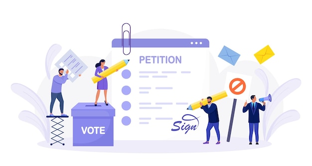 투표함이 있는 청원서. 사람들이 서명하고 탄원서나 불만을 퍼뜨리고 있습니다. 온라인 투표, 선택. 종이, 민주주의. 정부를 대상으로 하는 집단 항소 문서