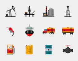 Free vector petrol production, oil refining and petroleum transportation flat set. pump and transportation, plant and transport, refueling and barrel