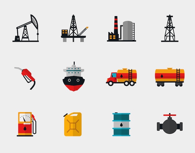 Petrol production, oil refining and petroleum transportation flat set. Pump and transportation, plant and transport, refueling and barrel