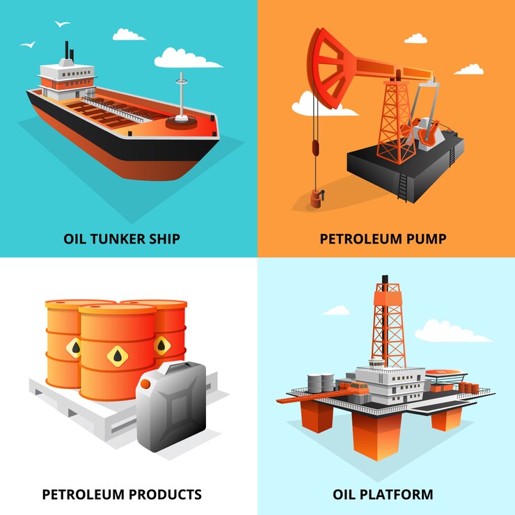 Free Vector petroleum industry concept isometric elements square with extraction platform and oil transportation tanker isolated vector illustration 