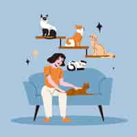 Бесплатное векторное изображение Кафе для домашних животных плоская композиция с женщиной, гладящей кошек на векторной иллюстрации дивана