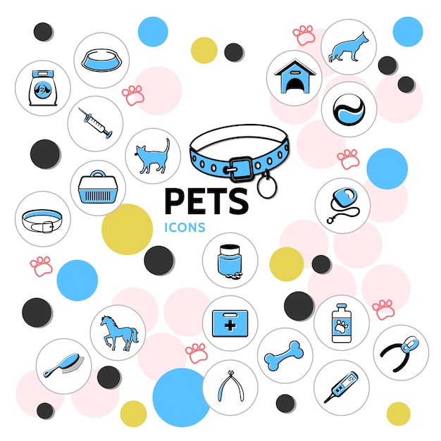 Бесплатное векторное изображение Коллекция иконок линии домашних животных с кошачьими ошейниками для переноски кормов расческа, кусачки для ногтей, медицинские инструменты