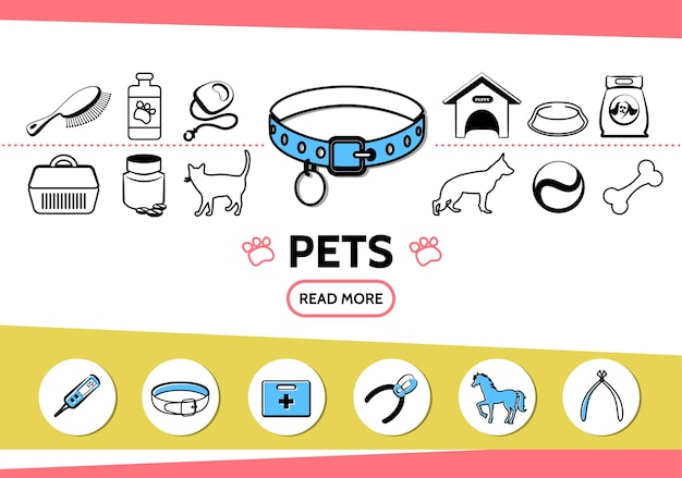Набор иконок линии домашних животных с собакой, кошкой, гребешком, кормом, поводком, собачьей будкой, таблетки, кость, конские кусачки для ногтей, медицинские
