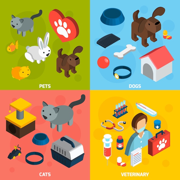 Free vector pets veterinary isometric set