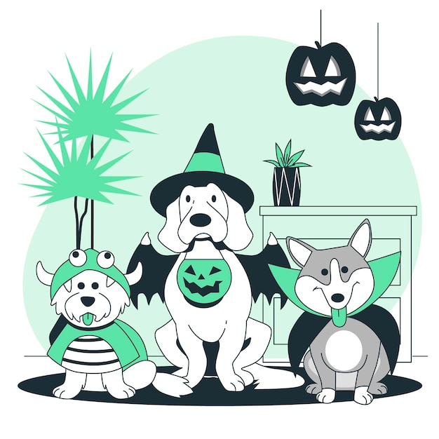 Pets with halloween costumes concept illustration